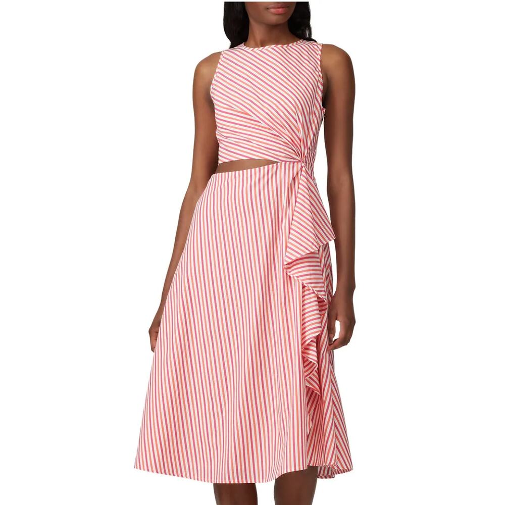 J.Crew Collection Pink Striped  Midi Dress SIZE 8 Fit Flare Cutout Designer $200